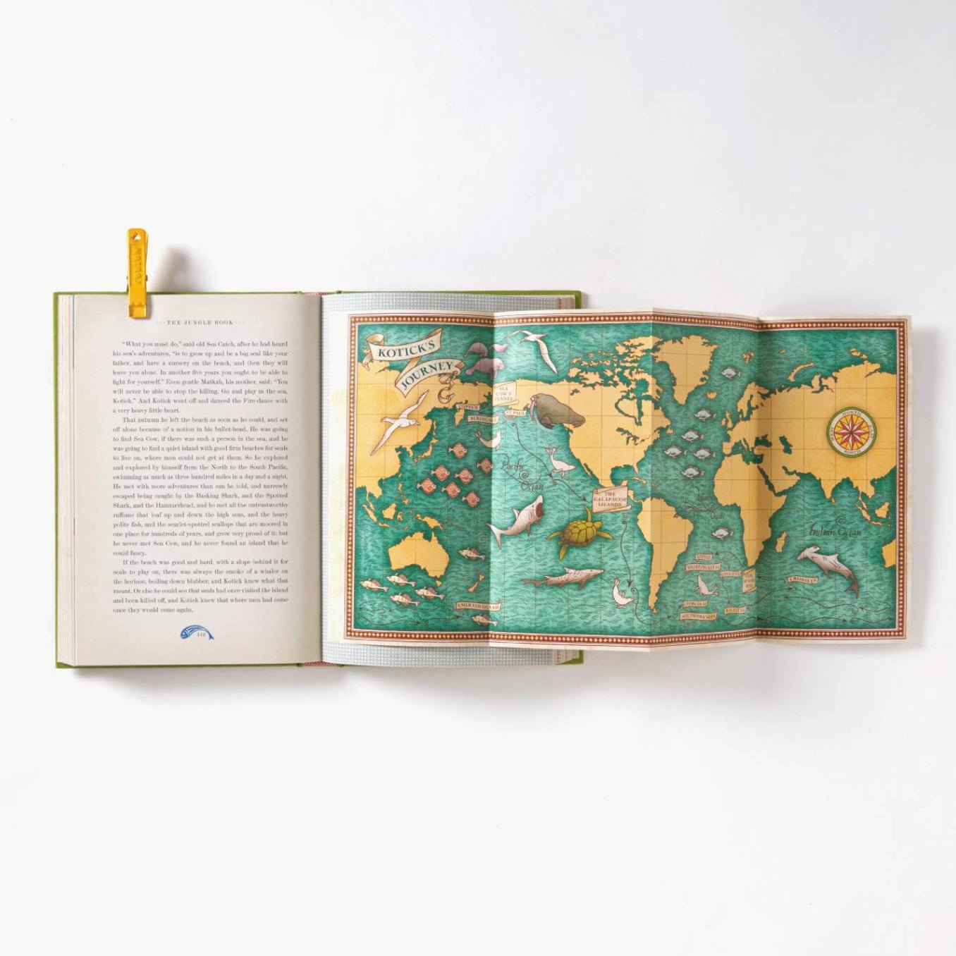 Open book with a world map illustration on a white background