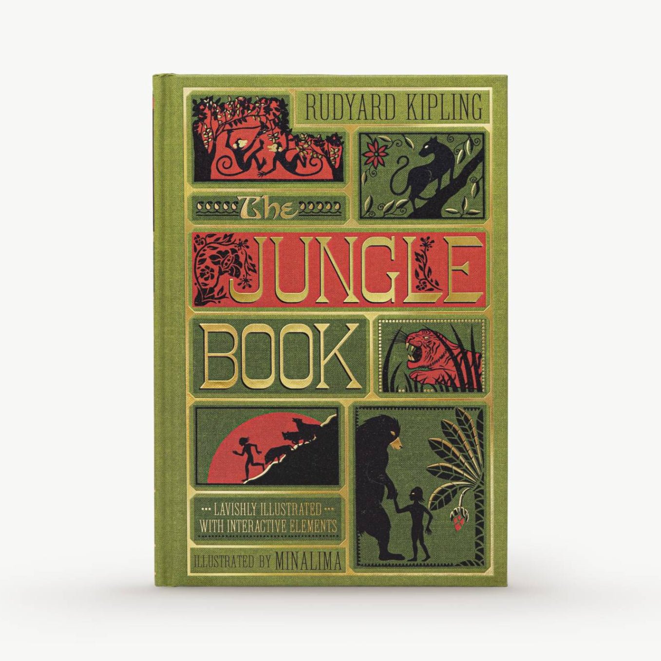 Book cover of 'The Jungle Book' by Rudyard Kipling with decorative illustrations on a white background