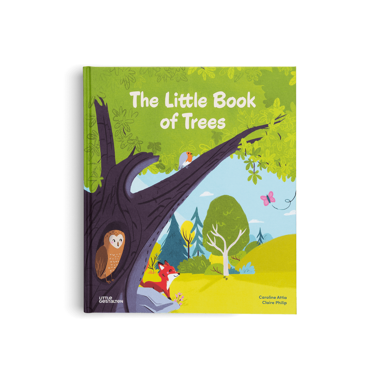 Book titled 'The Little Book of Trees' with illustrations of trees and animals on a green background