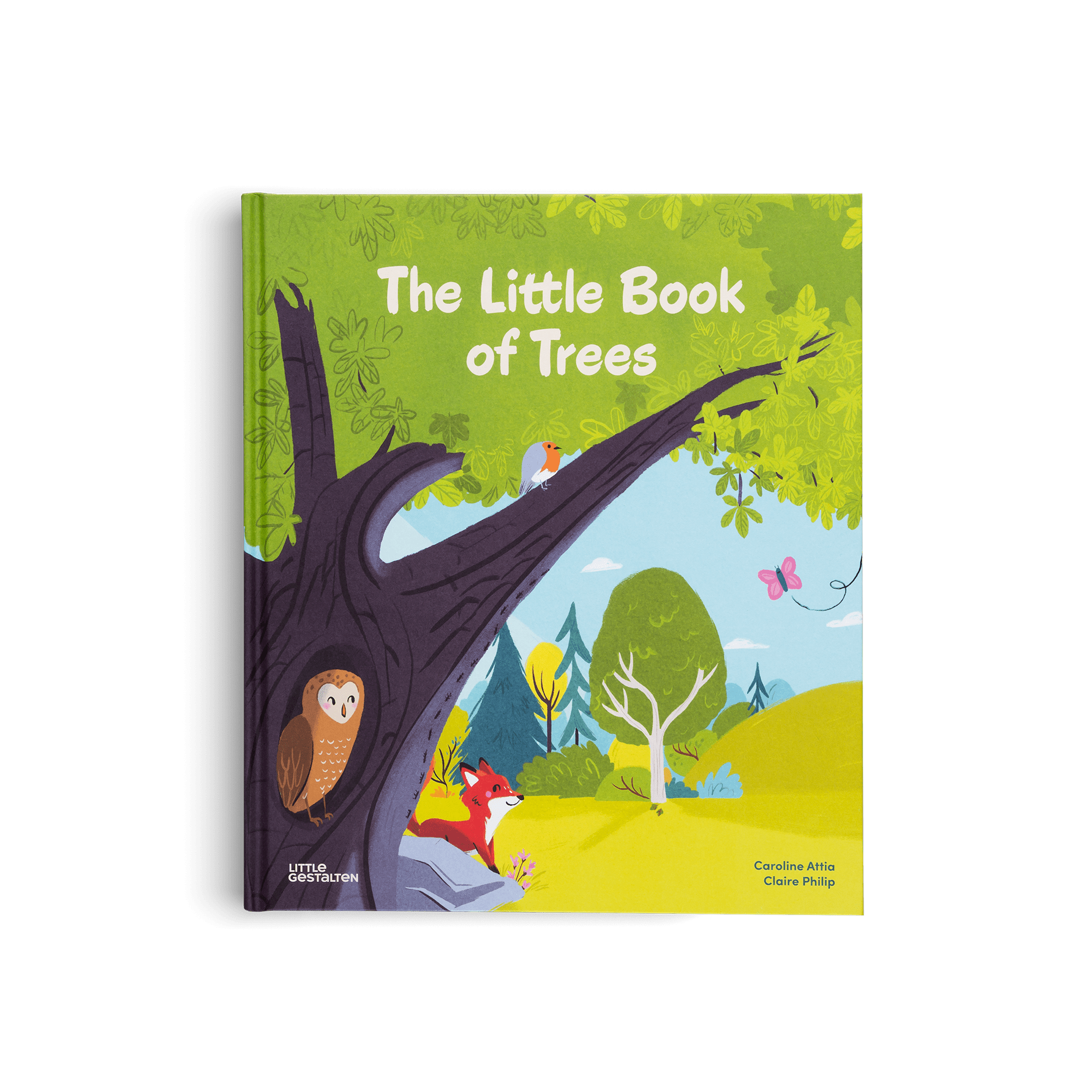 Book titled 'The Little Book of Trees' with illustrations of trees and animals on a green background