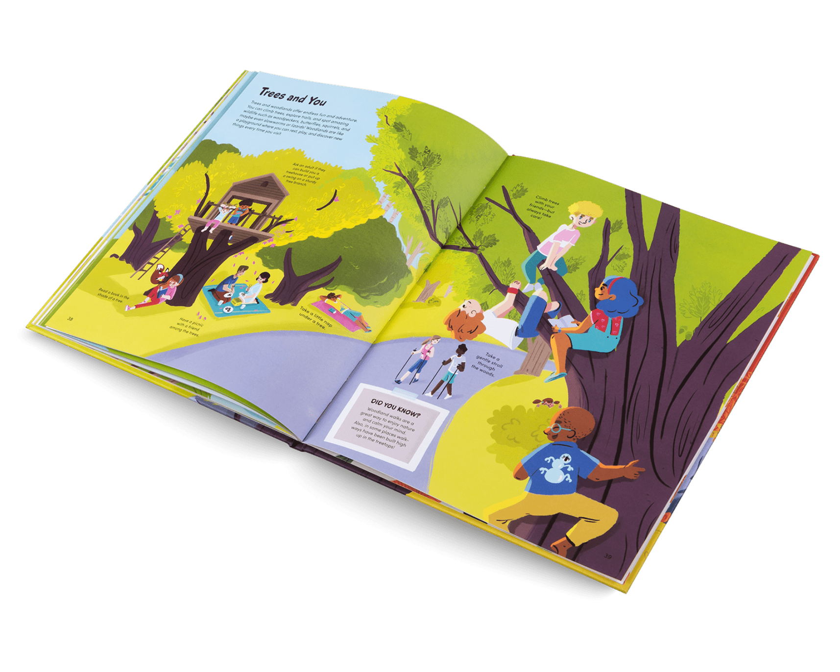 Open book with colorful illustrations of children playing in a park