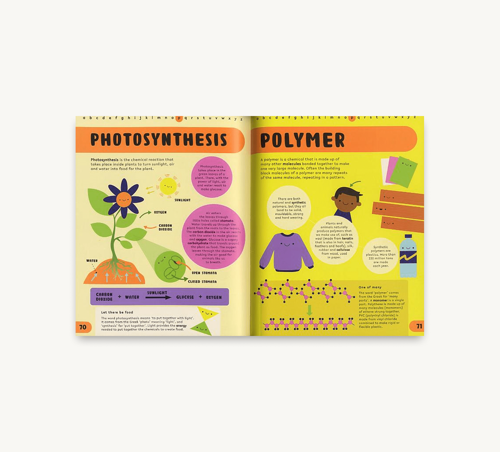 Open book showing pages about photosynthesis and polymer with colorful illustrations and text.