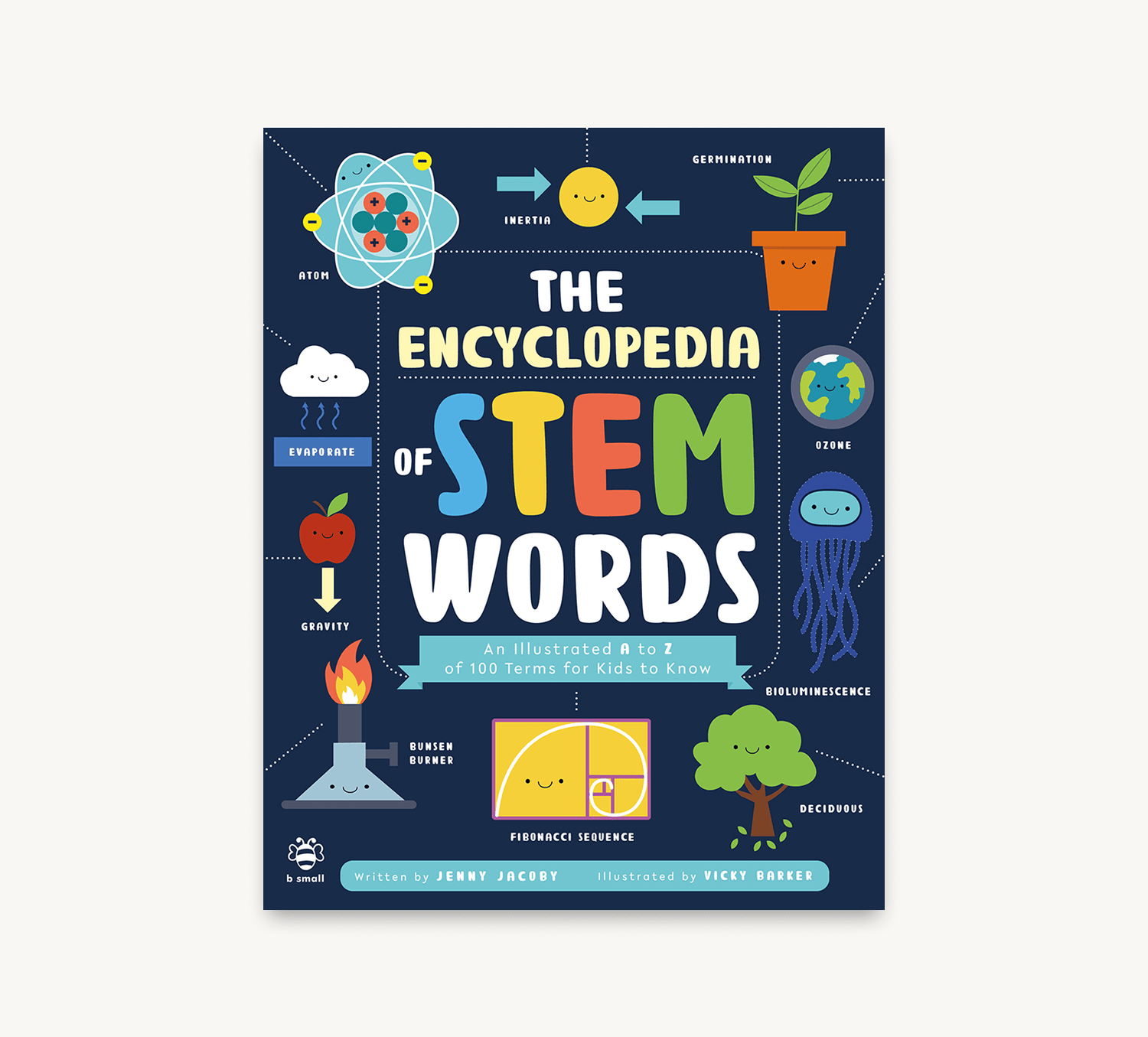 Book cover of 'The Encyclopedia of STEM Words' with colorful illustrations on a blue background