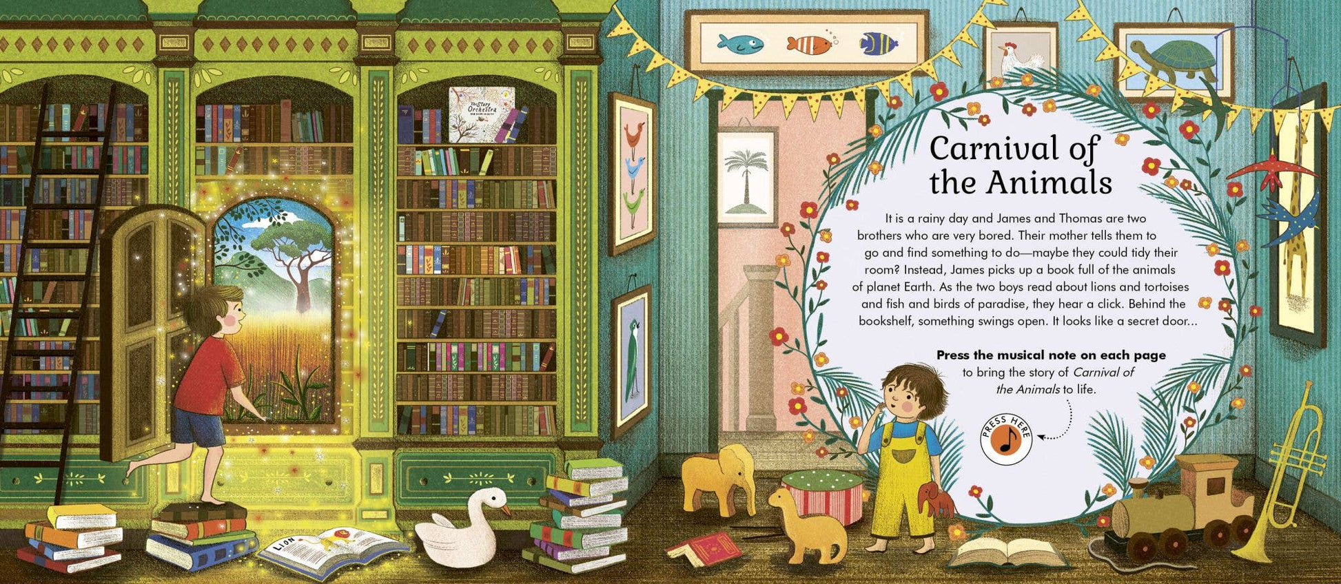 Illustrated children's book cover with a boy in a library and a circular design with text.