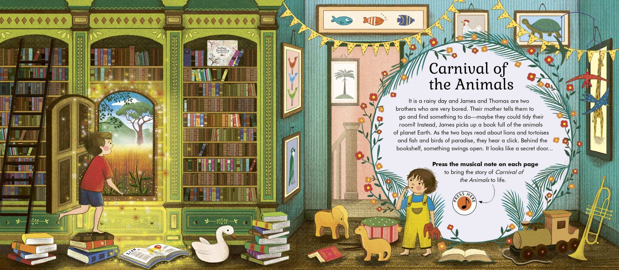 Illustrated children's book cover with a boy in a library and a circular design with text.