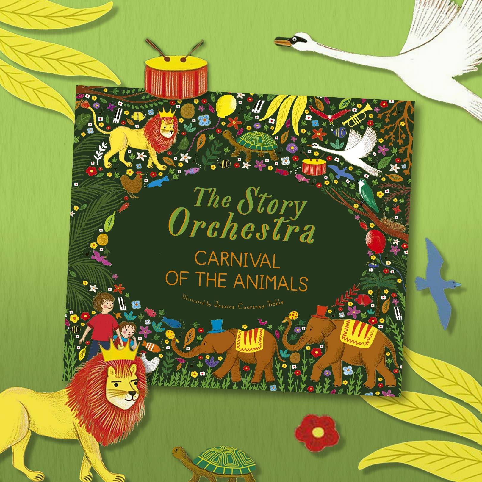 Book cover of 'Carnival of the Animals' by The Story Orchestra on a green background with animal illustrations.