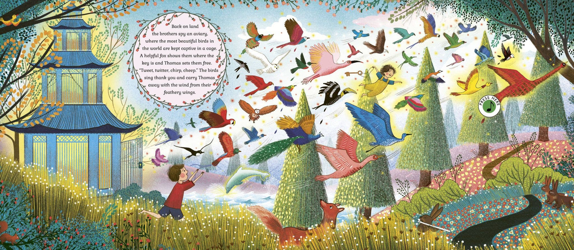Colorful illustration of children playing with toy birds in a garden setting