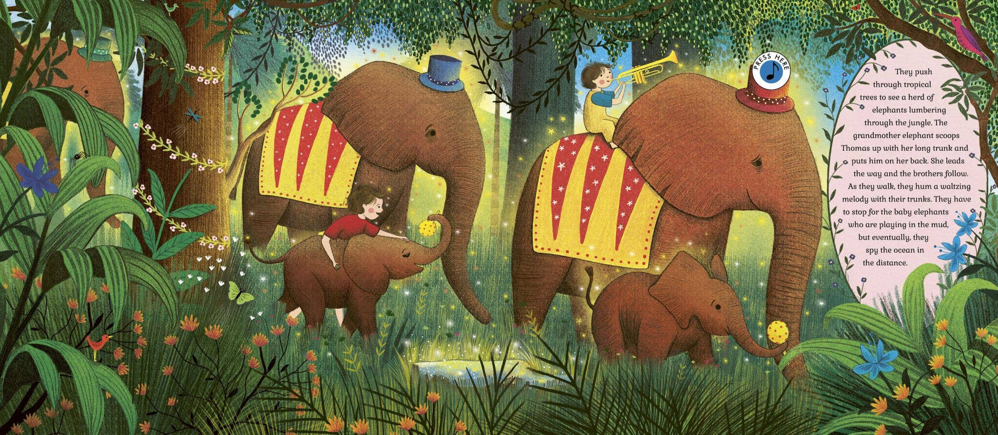 Illustration of elephants in a jungle with children riding them, surrounded by foliage.