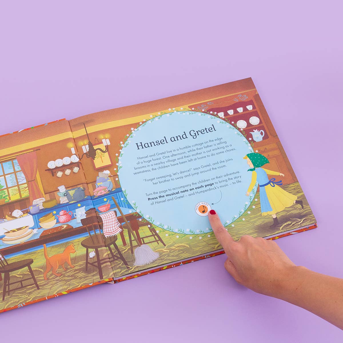 Open book with illustrated story of Hansel and Gretel on a purple background