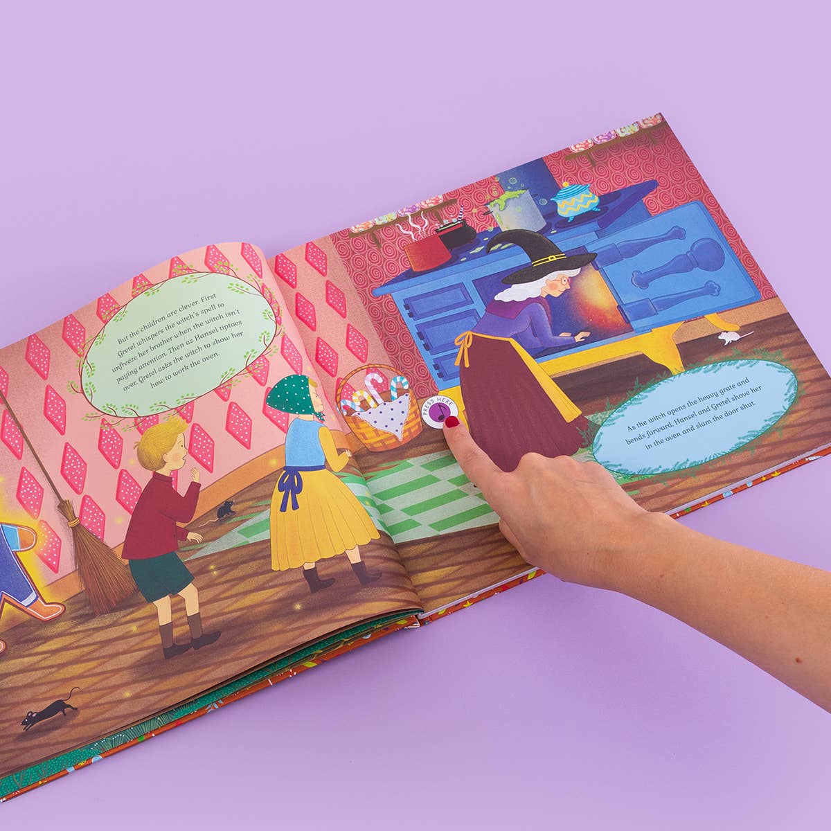 Colorful children's book with interactive elements on a purple background