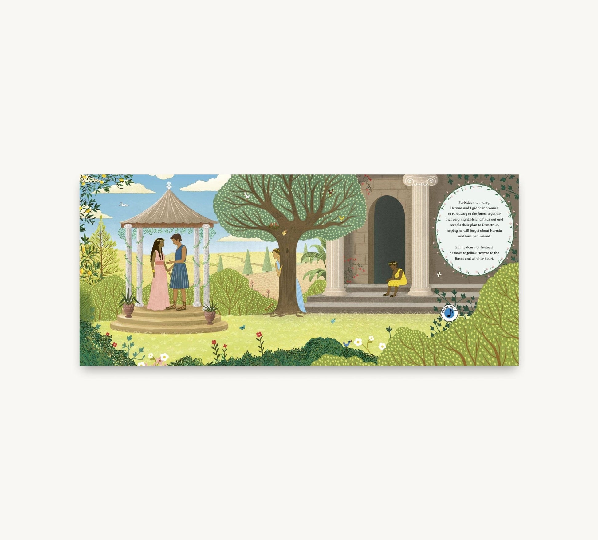 Illustrated scene of a couple under a gazebo in a garden with a dog and architectural elements.