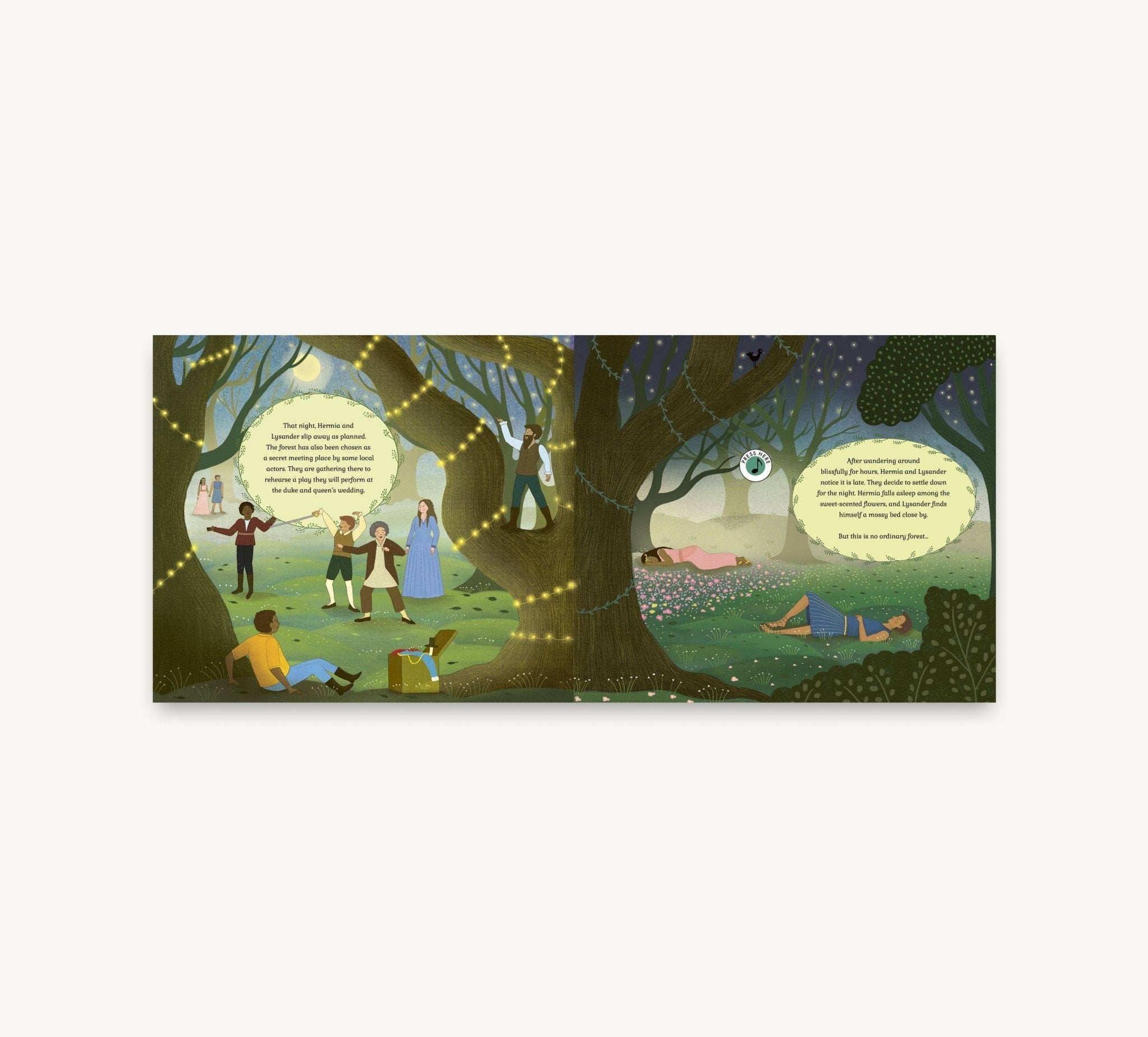 Illustrated scene of people under a tree with string lights at night.