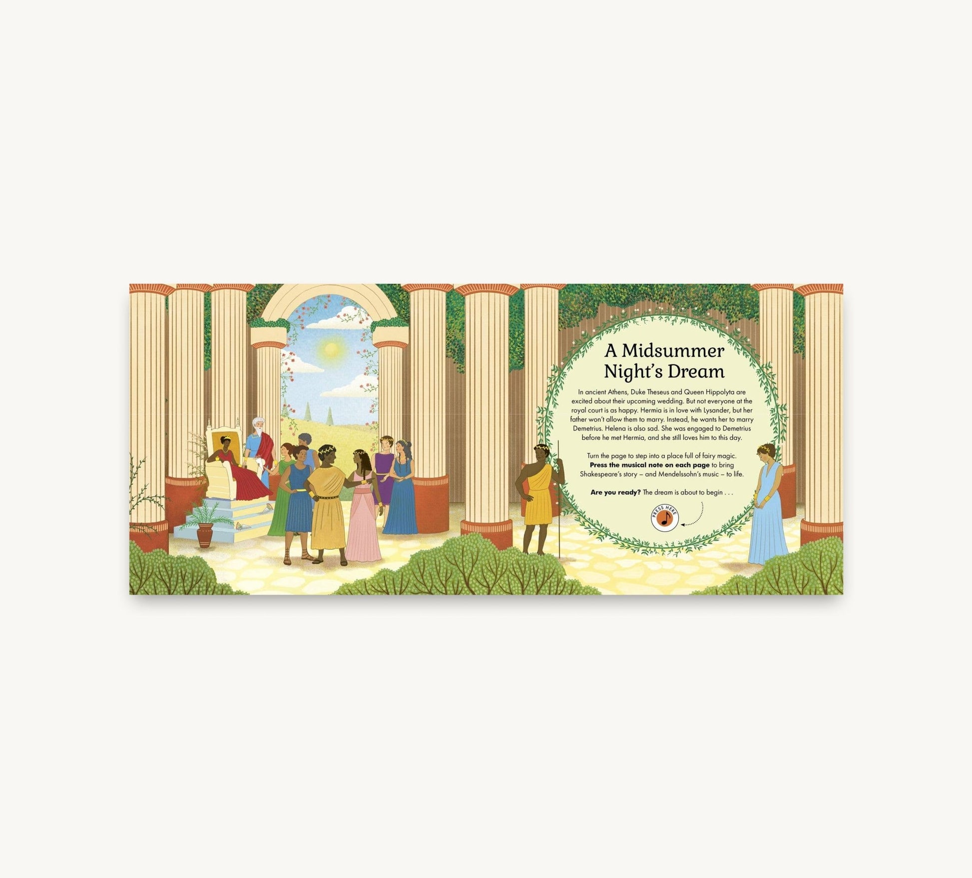 Illustrated book cover of 'A Midsummer Night's Dream' with characters and architecture.