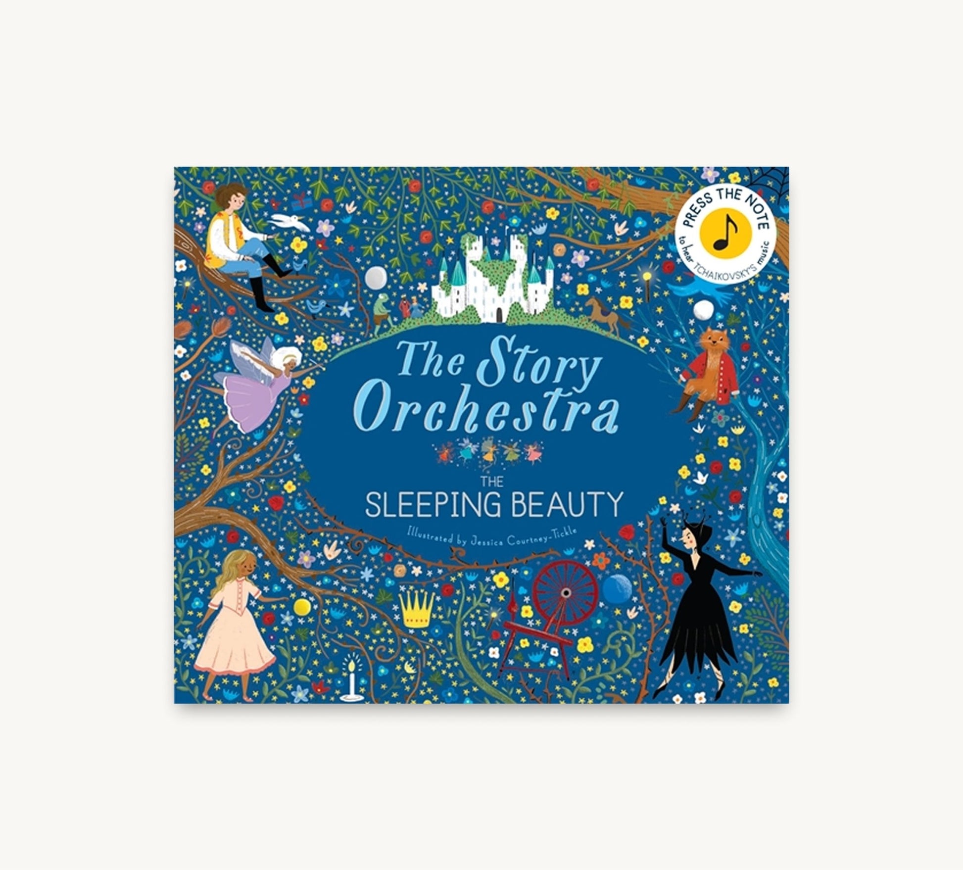 Book cover of 'The Story Orchestra: The Sleeping Beauty' with colorful illustrations on a blue background. Haliburtons & Co.