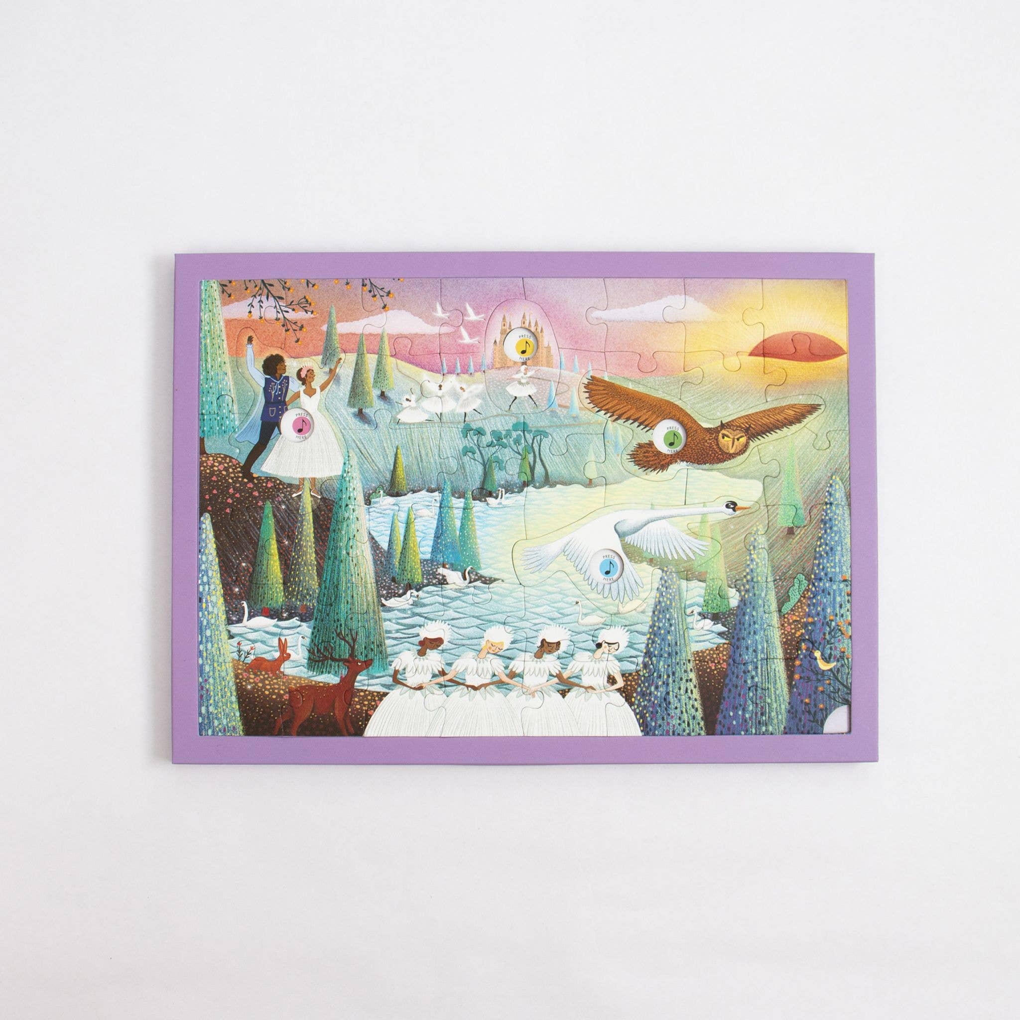 Framed artwork with a colorful scene of people, animals, and nature on a white background