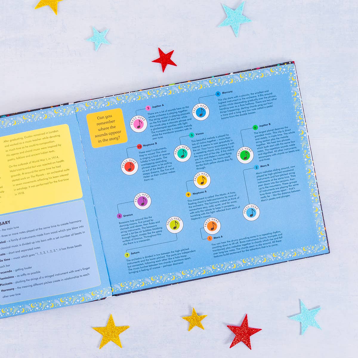Open book with educational content on a light blue background with star decorations
