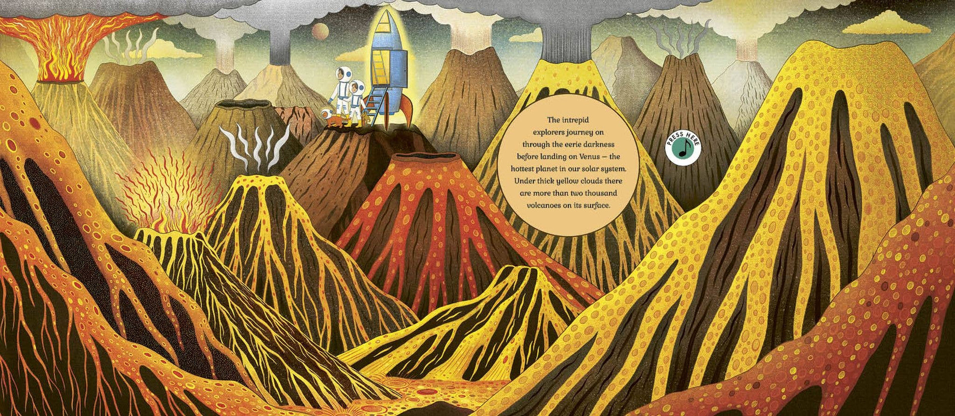 Illustration of a desert landscape with mountains and a rocket ship.