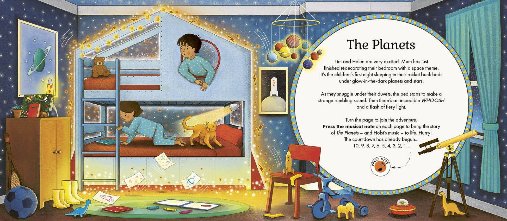 Illustrated children's book page with a bedroom scene and text about the planets.