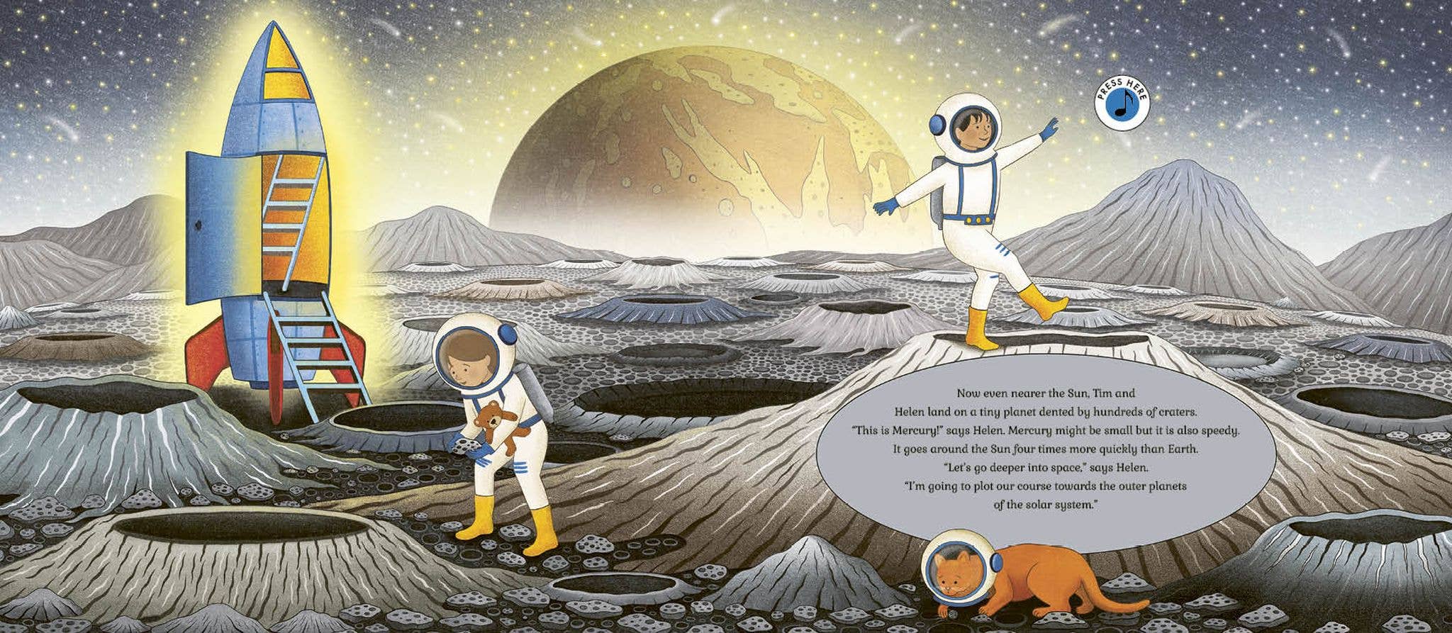Illustration of astronauts on a moon surface with a rocket and planet in the background.