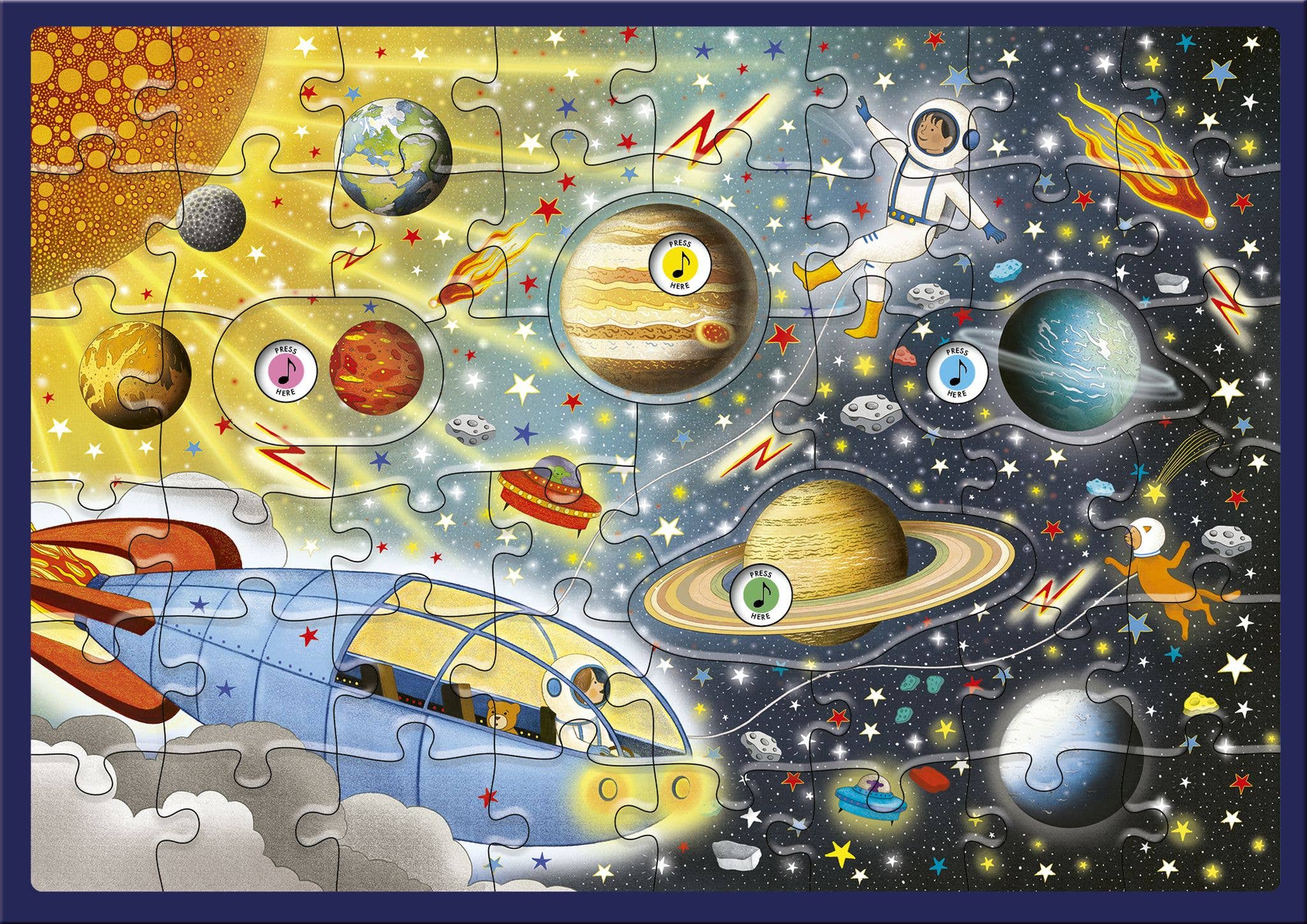 Space-themed puzzle with planets, astronauts, and rockets on a blue border