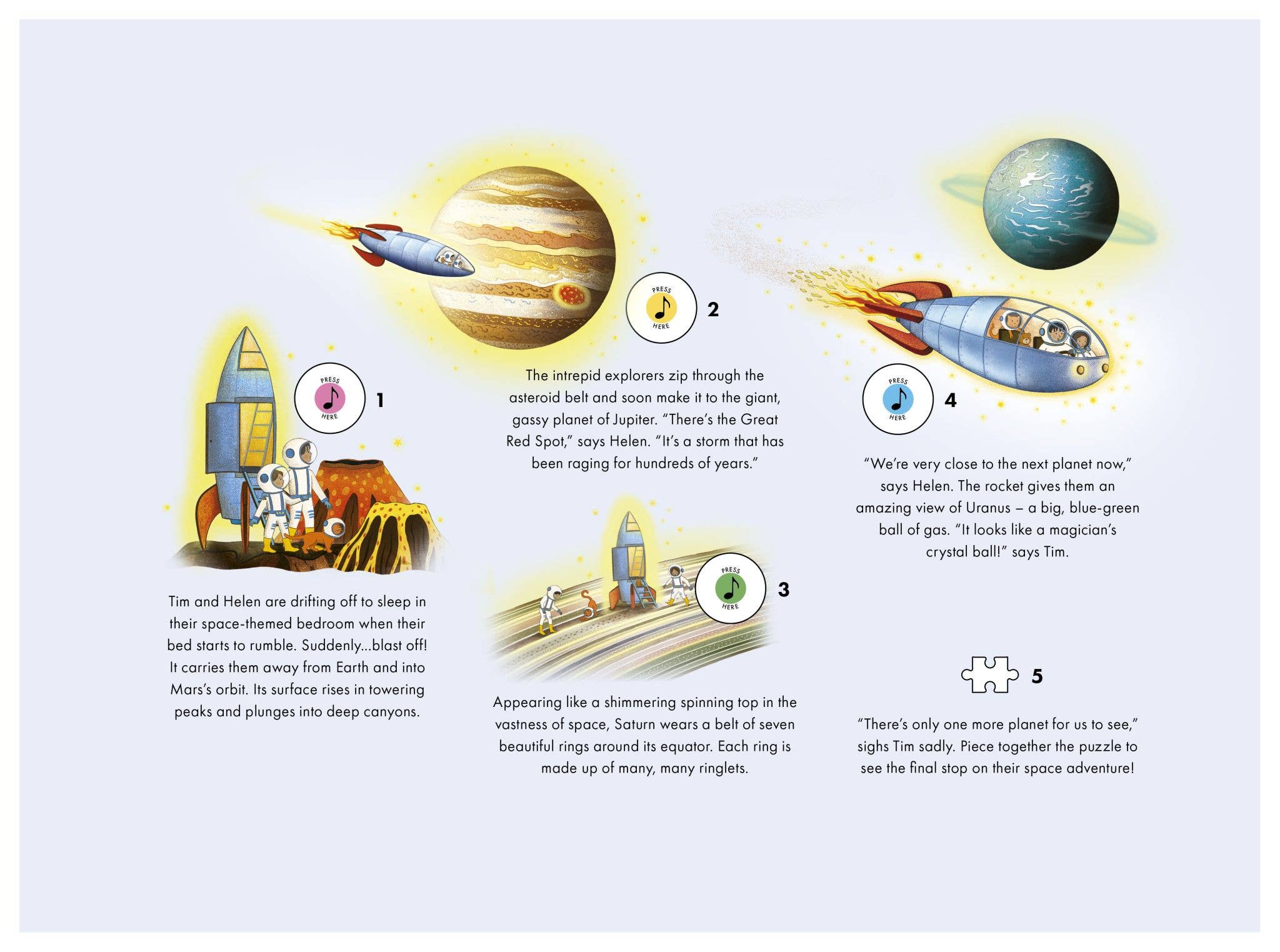 Educational illustration of a space-themed adventure with planets and rockets.