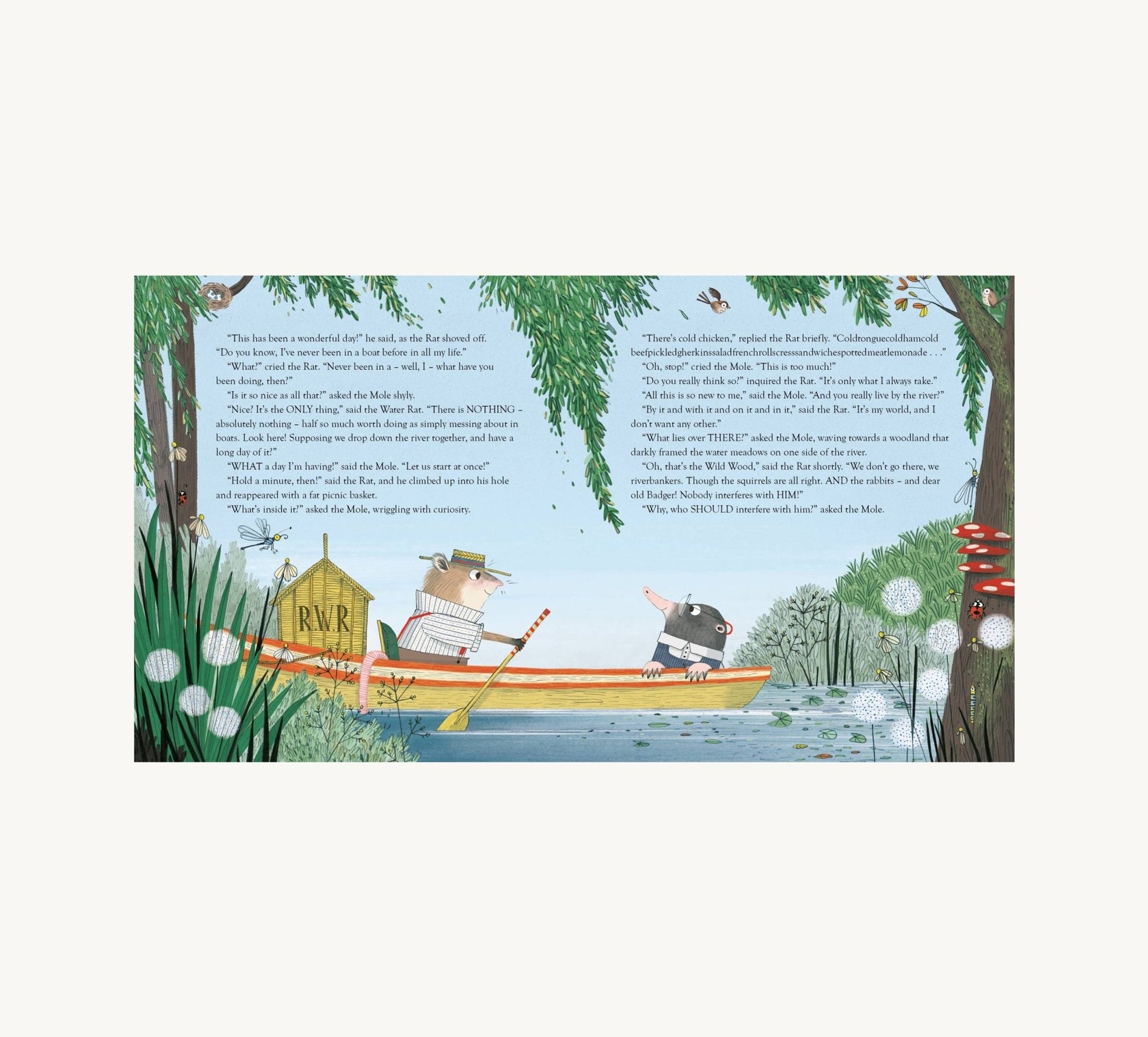 Illustration of two animals in a boat with text on a nature-themed background