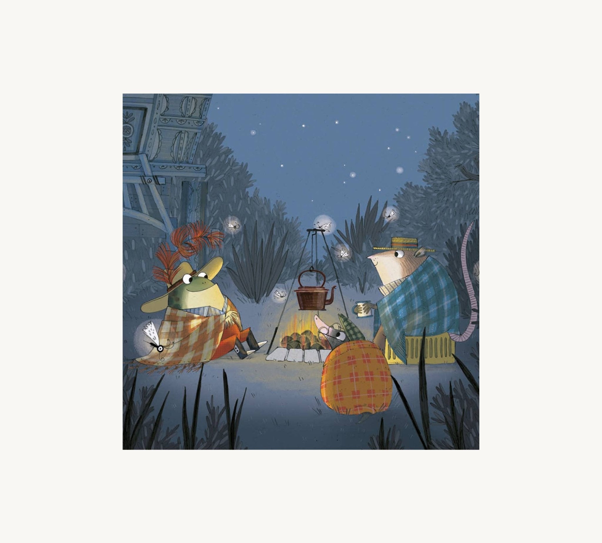 Illustration of two characters camping at night with lanterns and a basket.