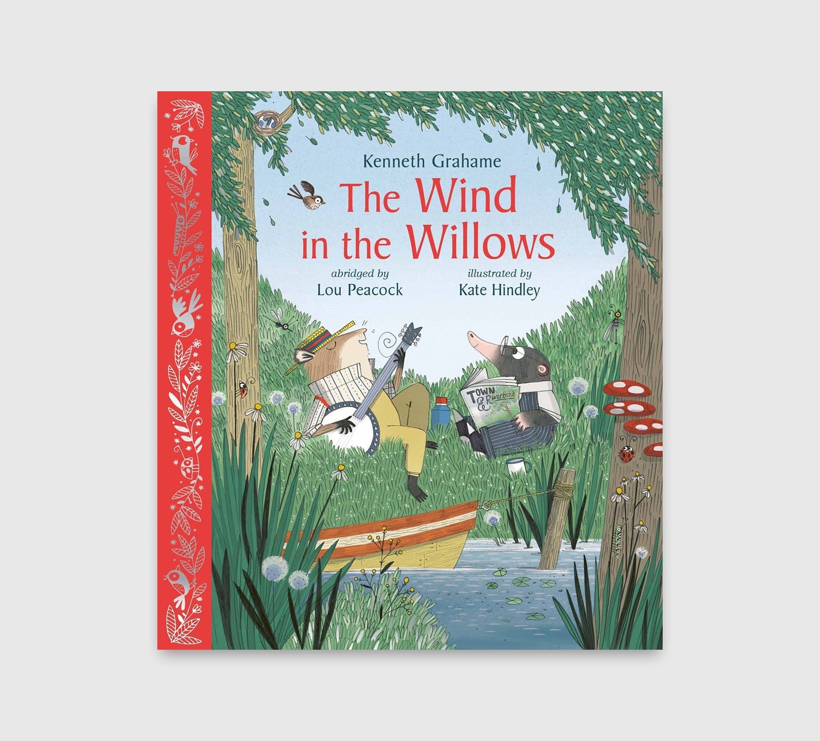 Book cover of 'The Wind in the Willows' with illustrations of characters by a river.