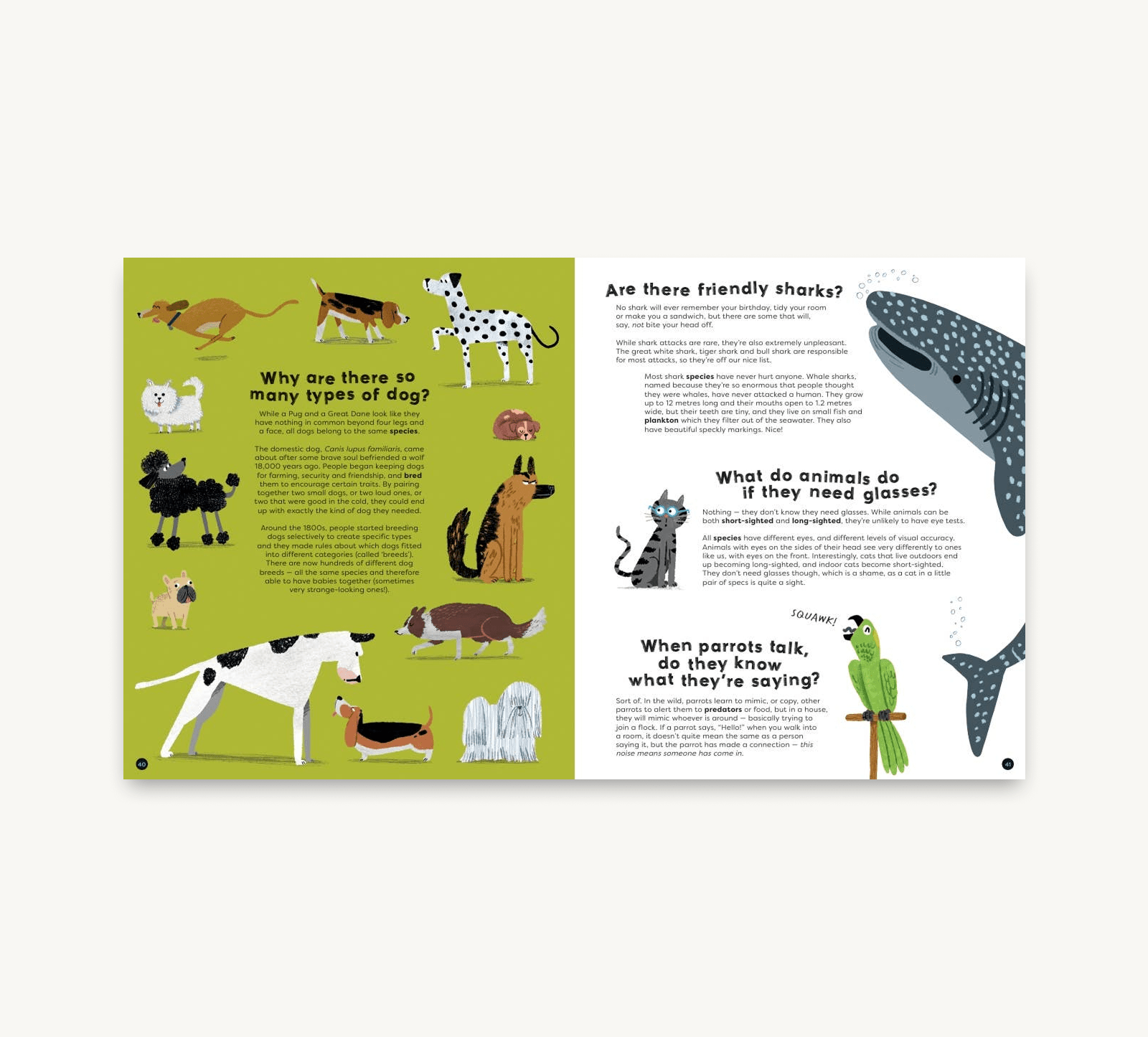 Children's book page with illustrations of animals and questions about them
