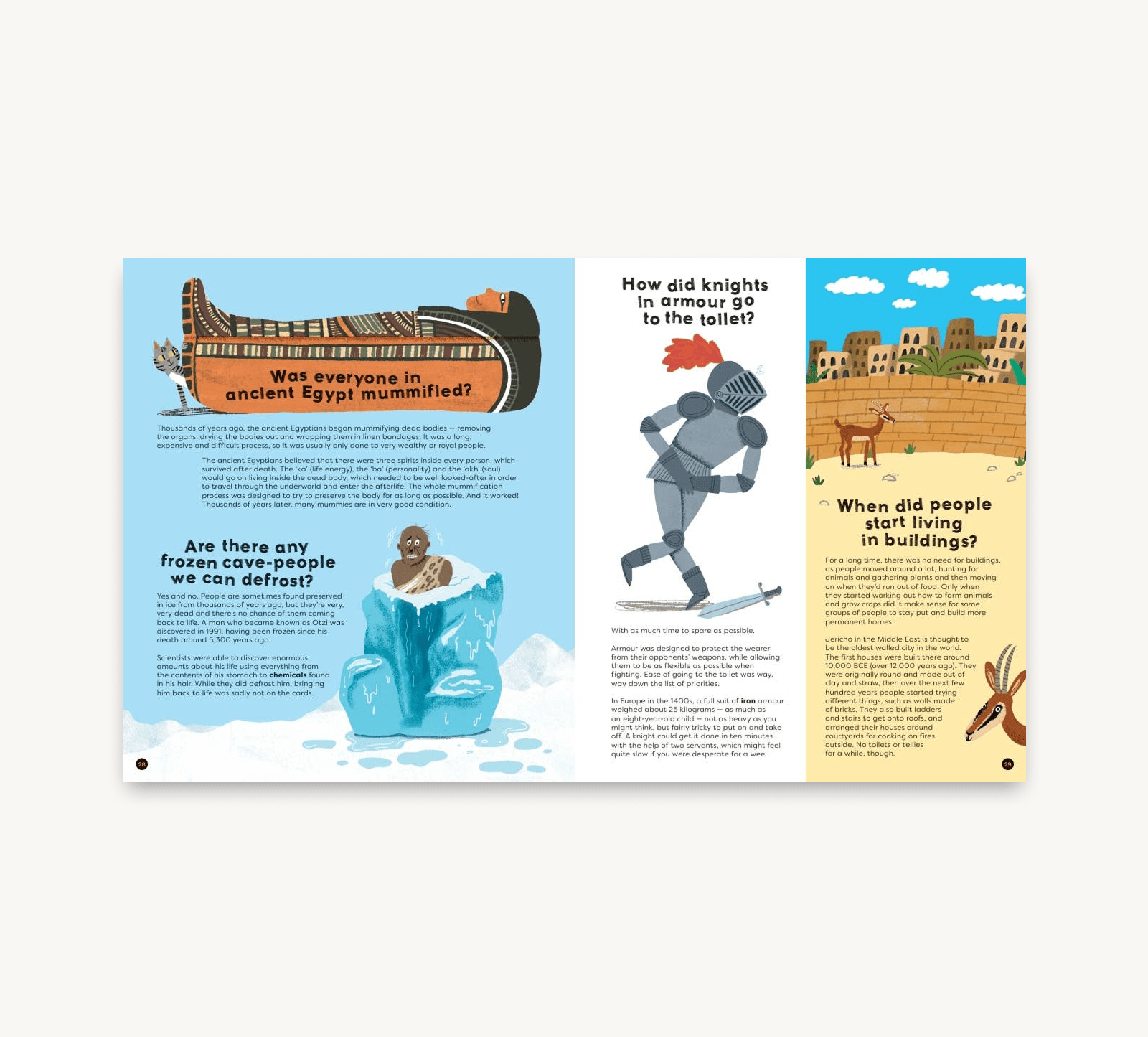 Educational book page with illustrations and text on ancient Egypt, knights, and cave people.