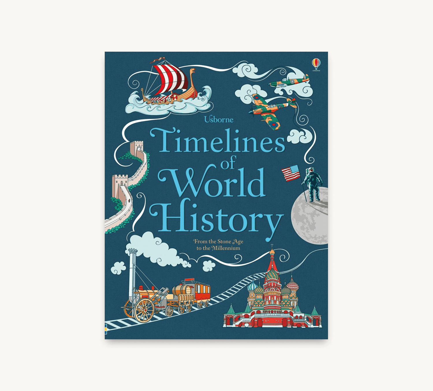 Book cover of 'Timelines of World History' with illustrations of a ship, steam train, and cityscape on a blue background.