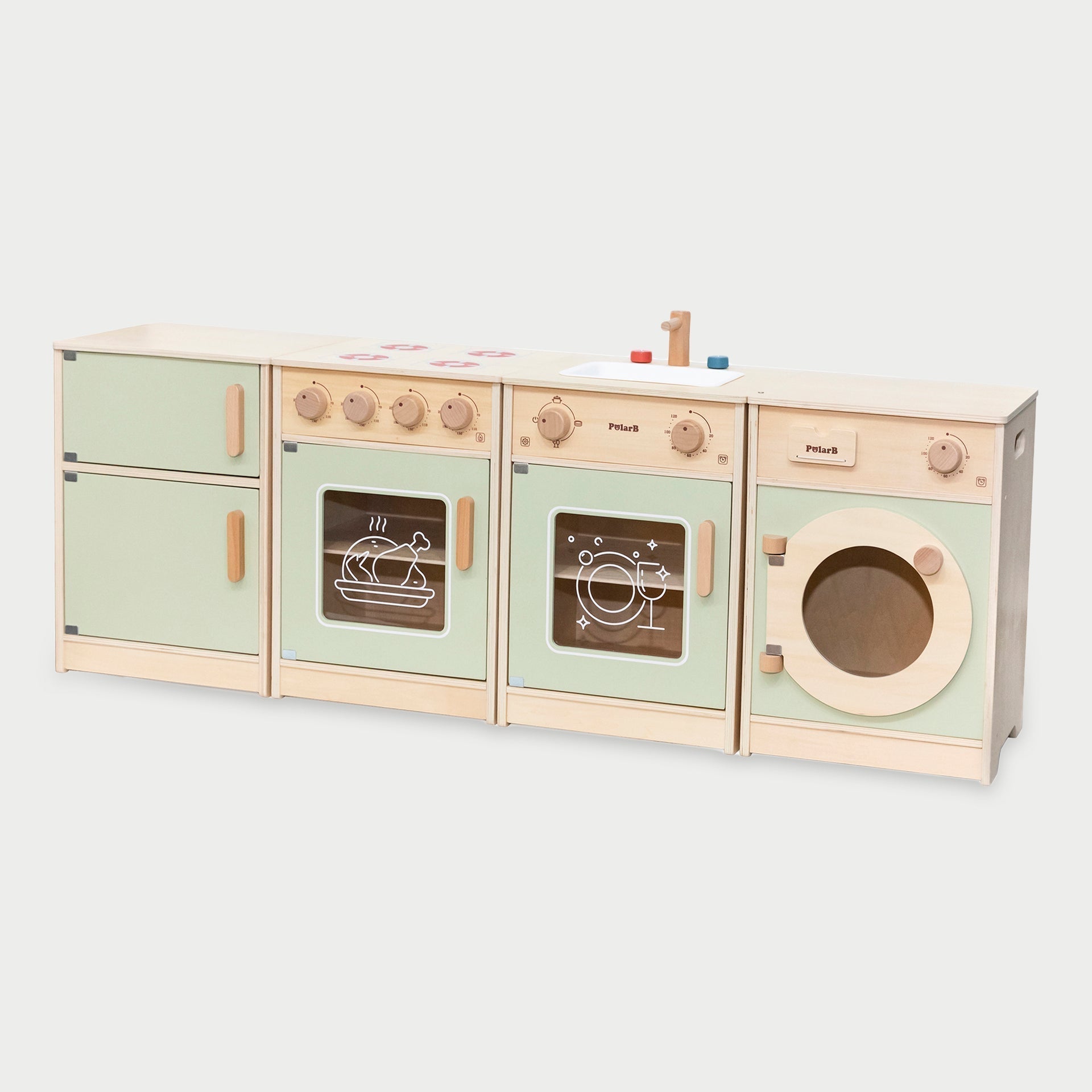 Wooden toy kitchen set with pastel colors on a light gray background