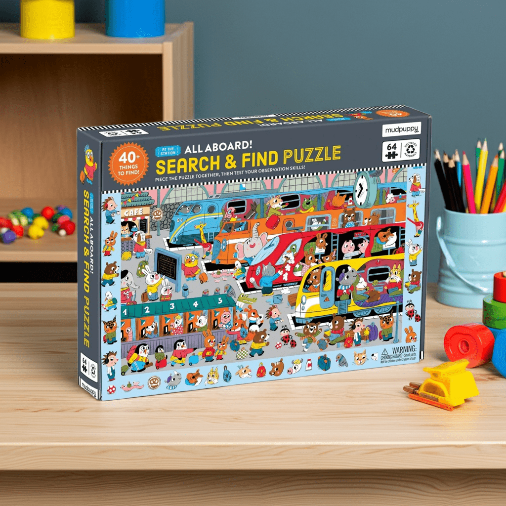 Search and find puzzle box on a wooden table with colorful toys around