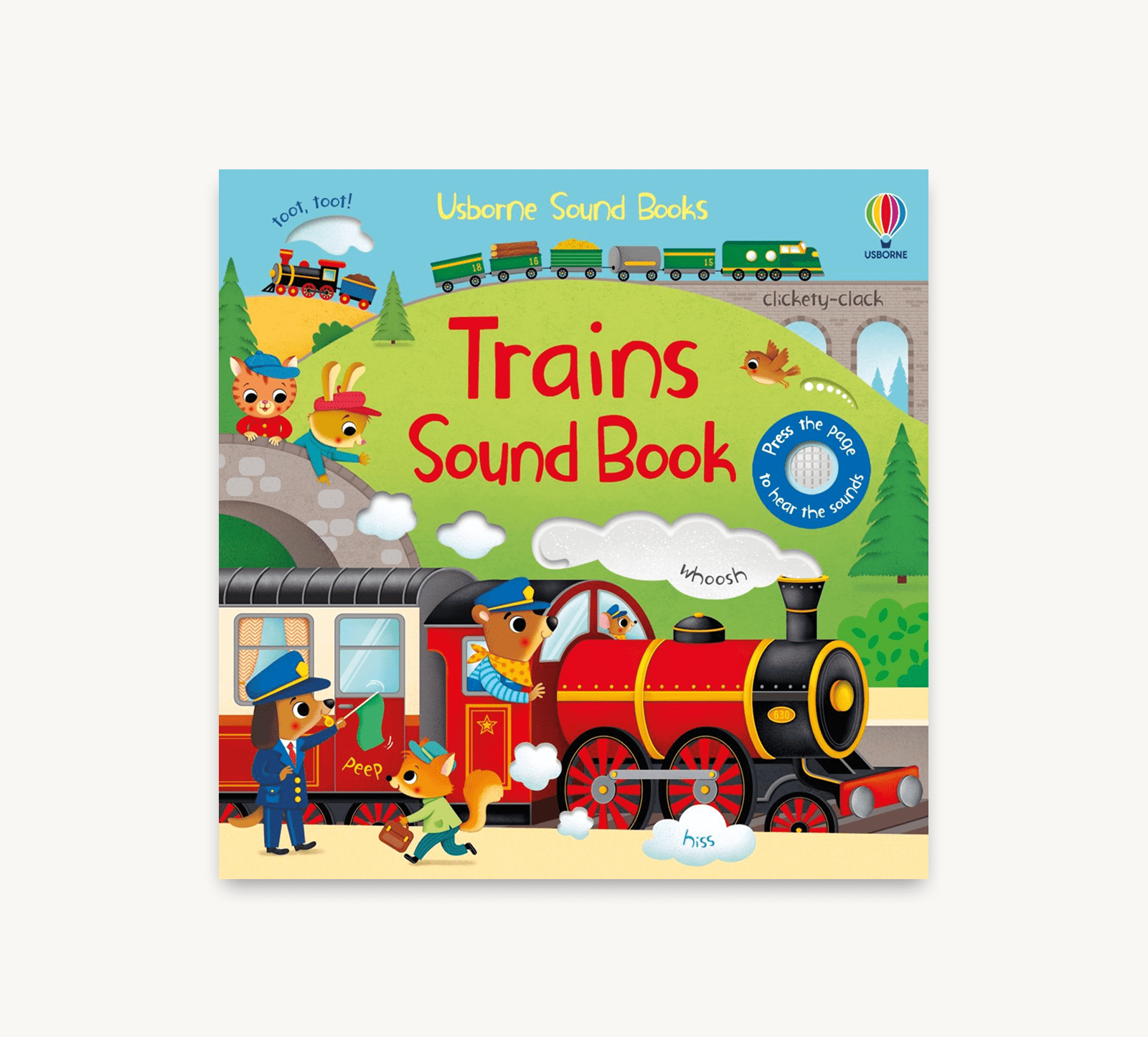 Children's book titled 'Trains Sound Book' with colorful illustrations of trains and characters on a blue background.