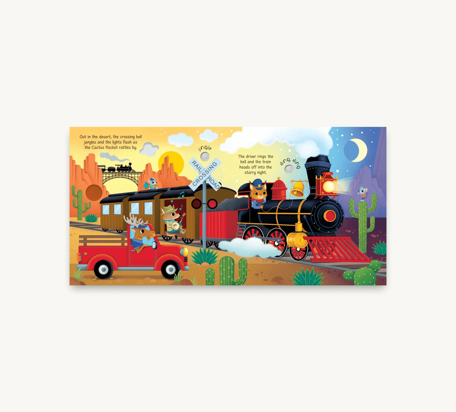 Children's book page with a colorful illustration of a train and desert scene.