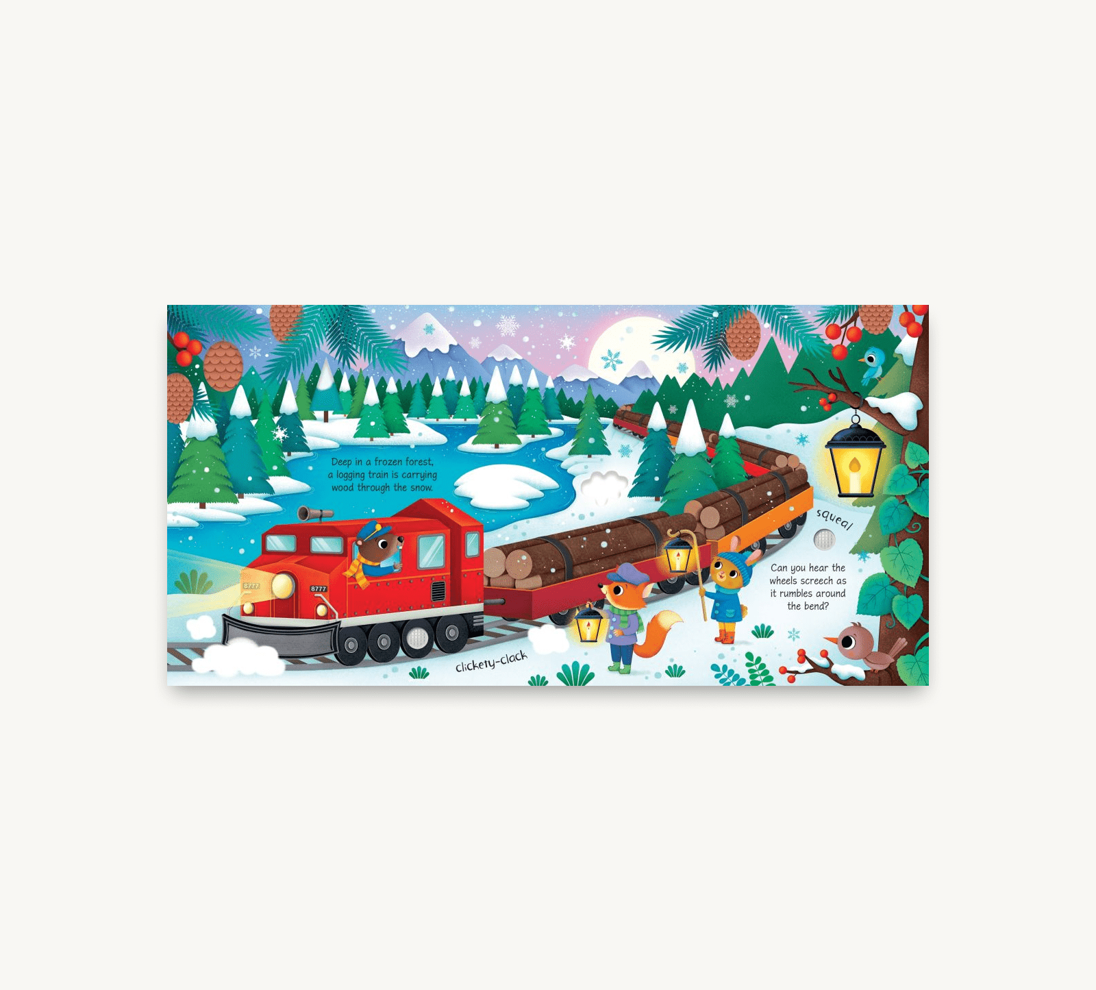 Children's book cover with a train and winter landscape illustration