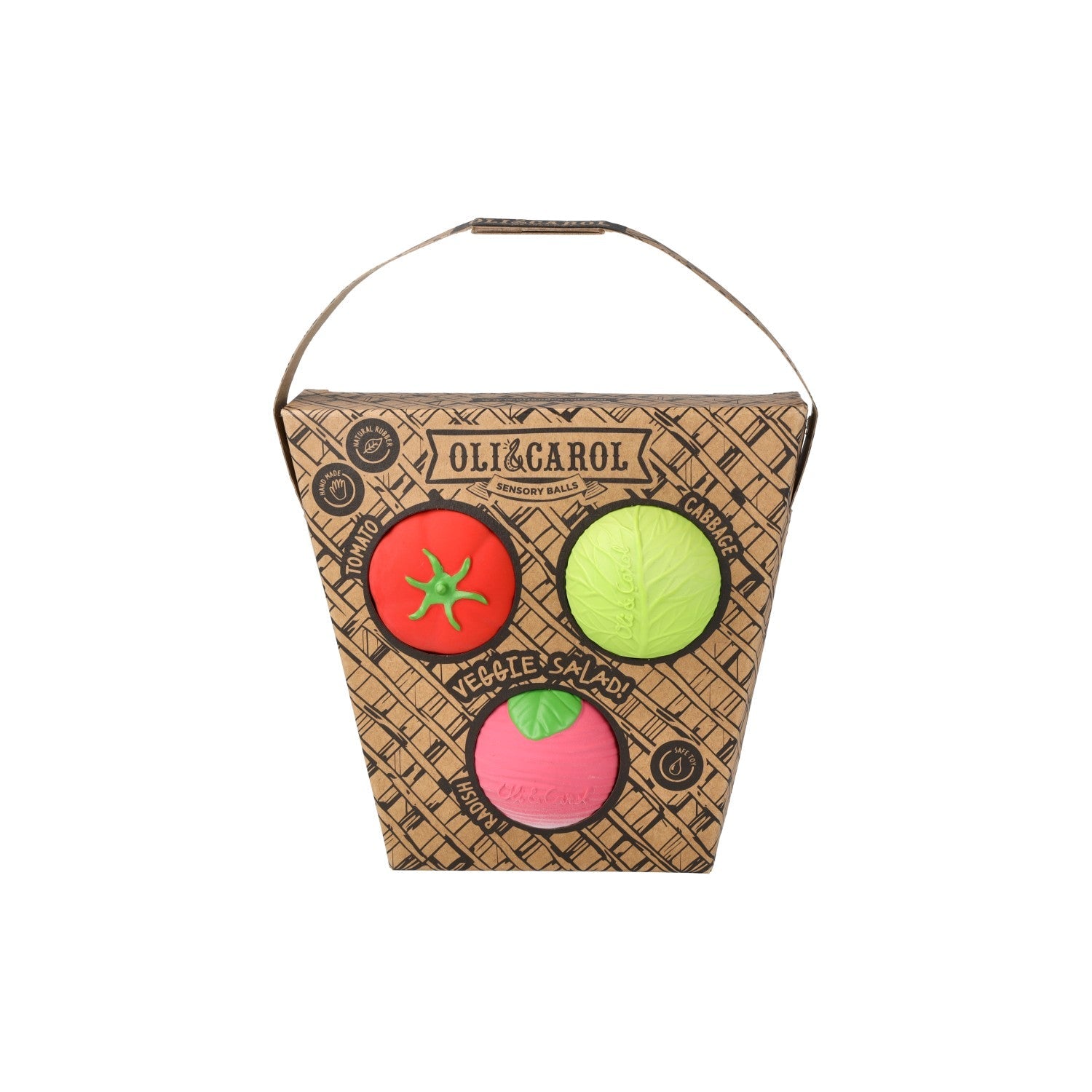 Packaging of Oli & Carol toy balls with tomato, lime, and apple designs on a white background.