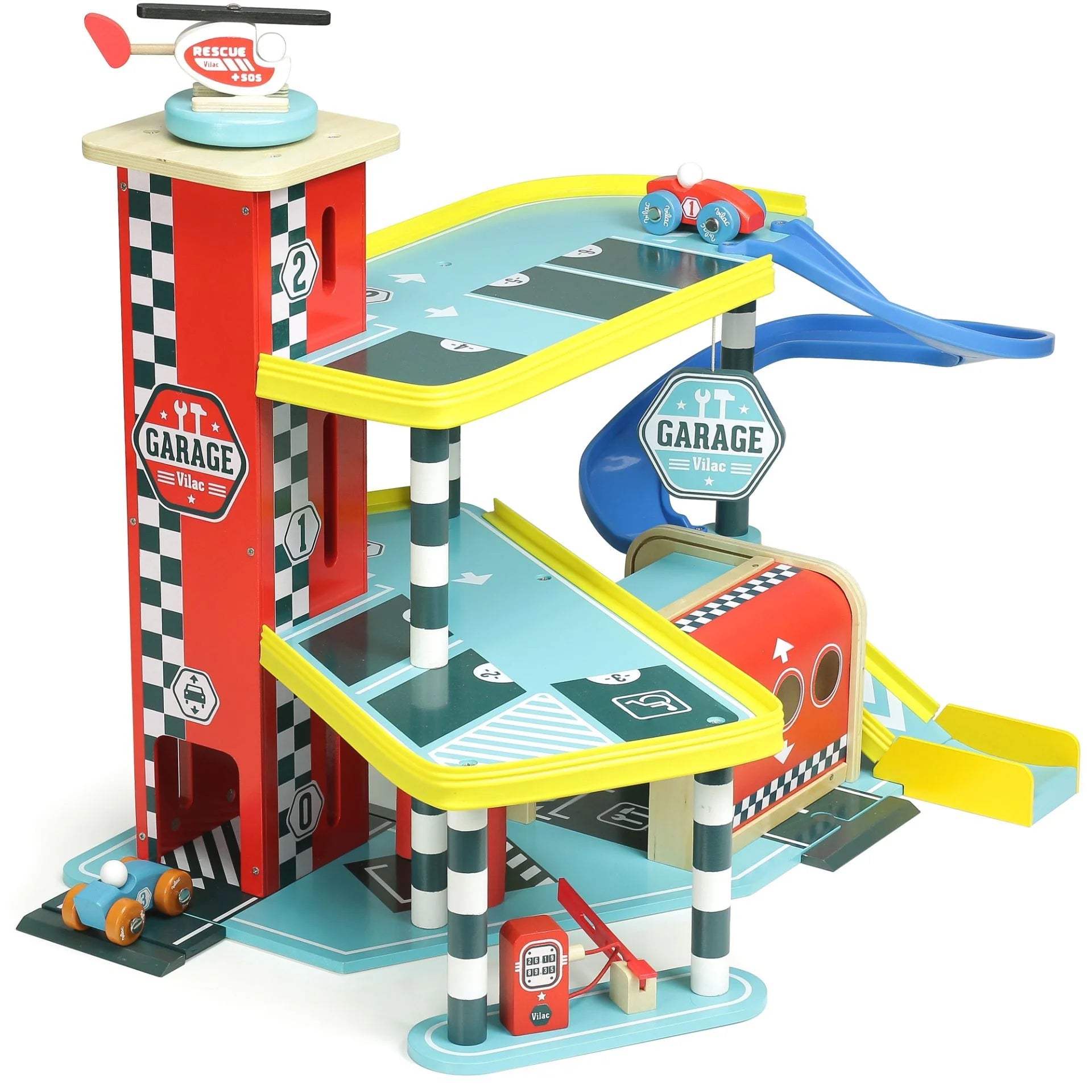 Toy garage set with multiple levels and cars on a white background