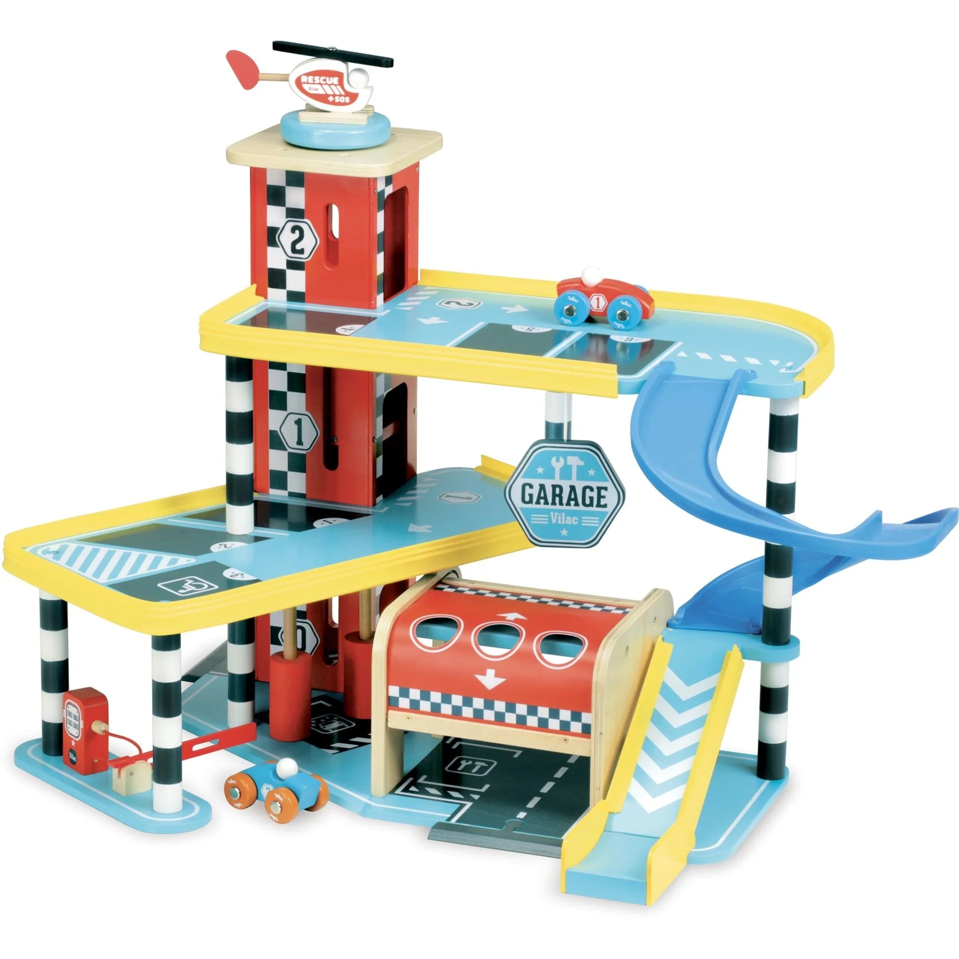 Toy garage set with race track and cars on a white background