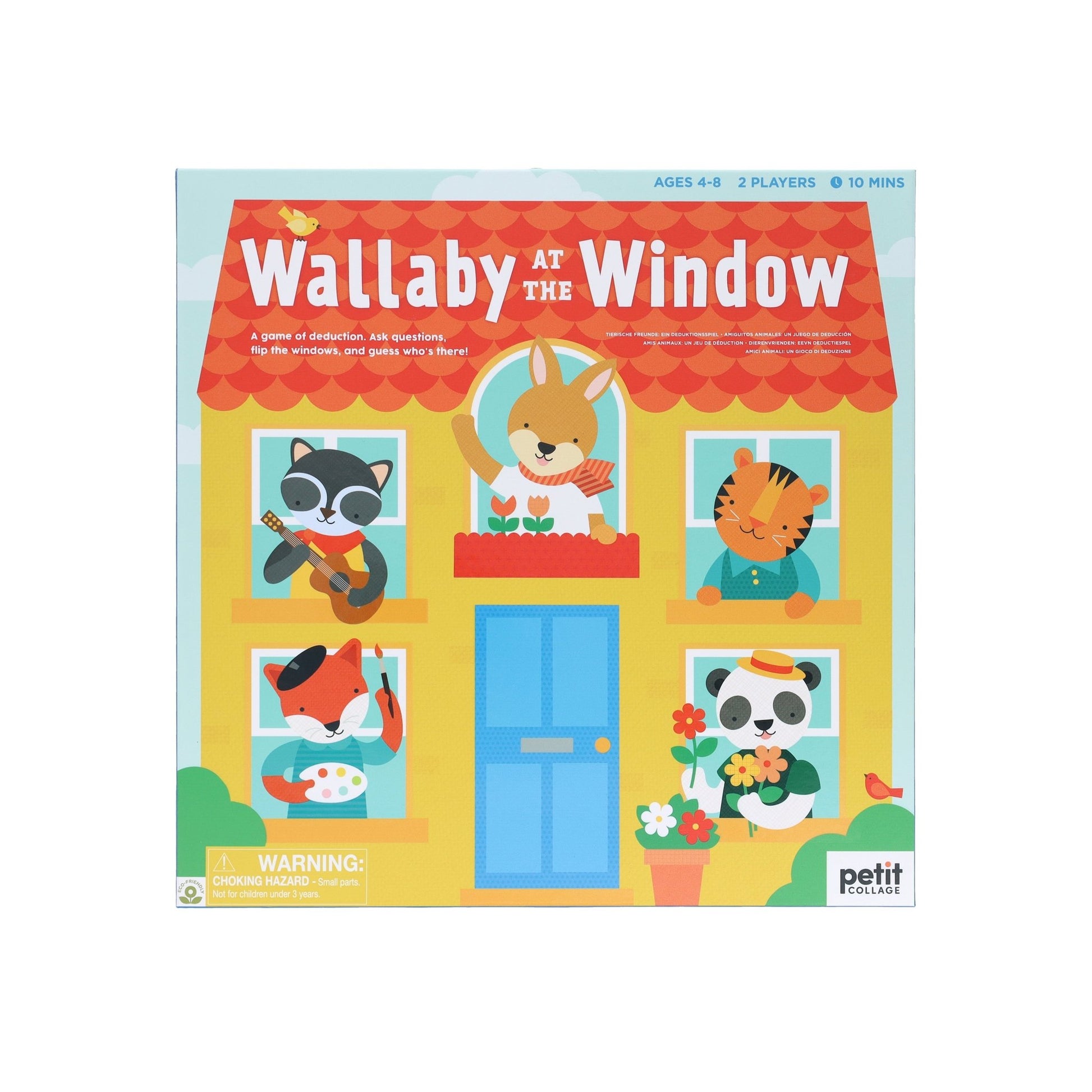 Board game box titled 'Wallaby at the Window' with colorful illustration of animals by a window.