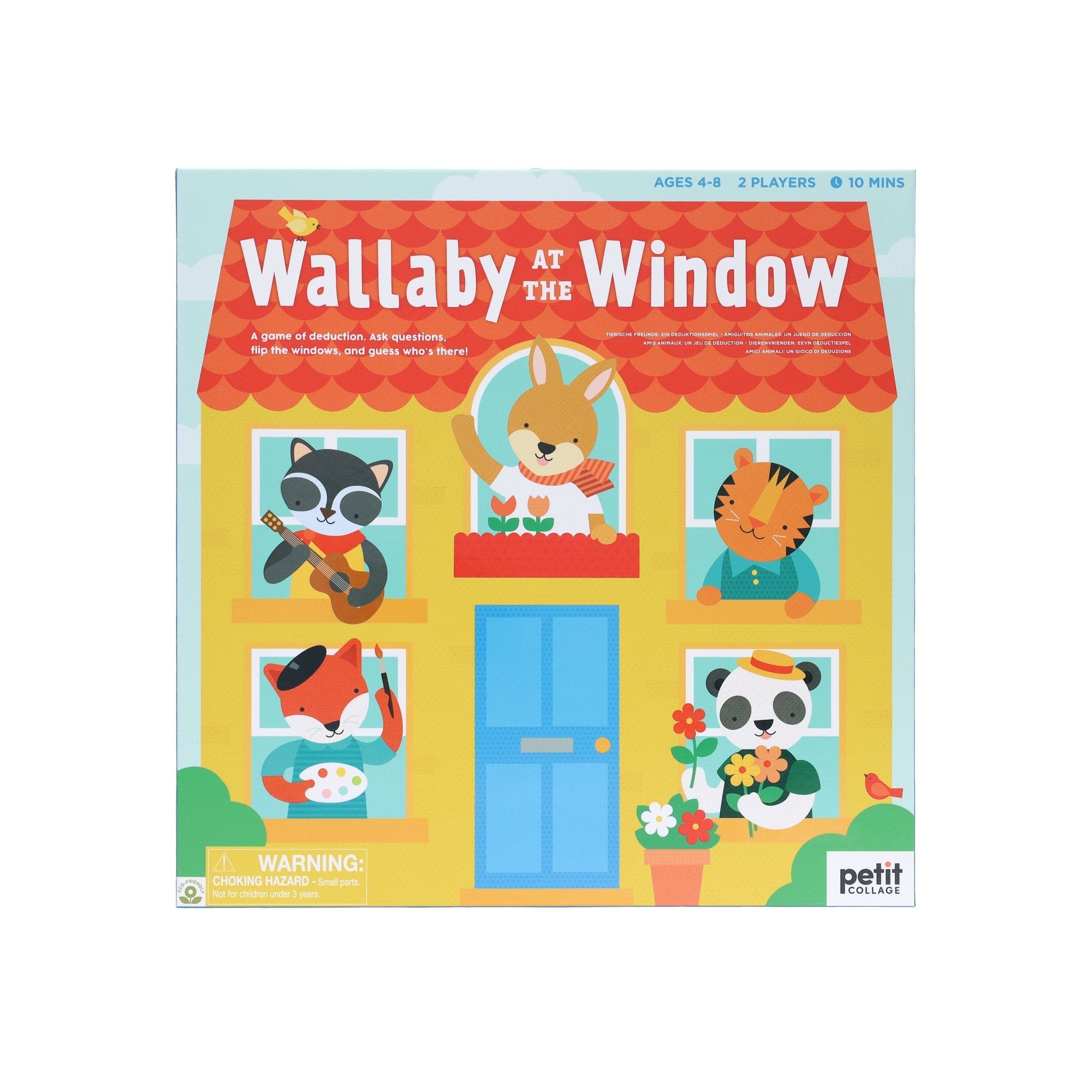 Board game box titled 'Wallaby at the Window' with colorful illustration of animals by a window.