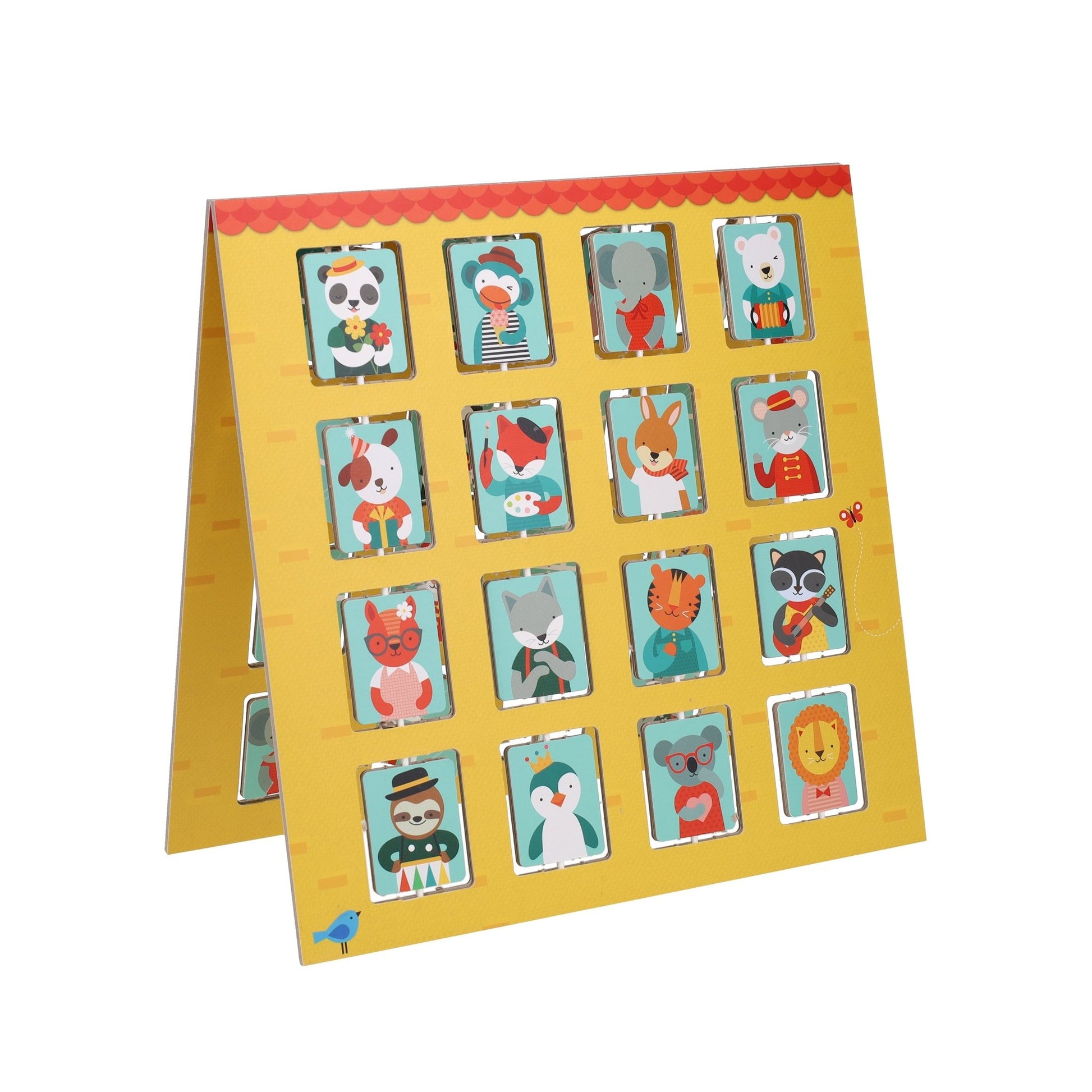 Children's educational game with animal illustrations on a yellow board