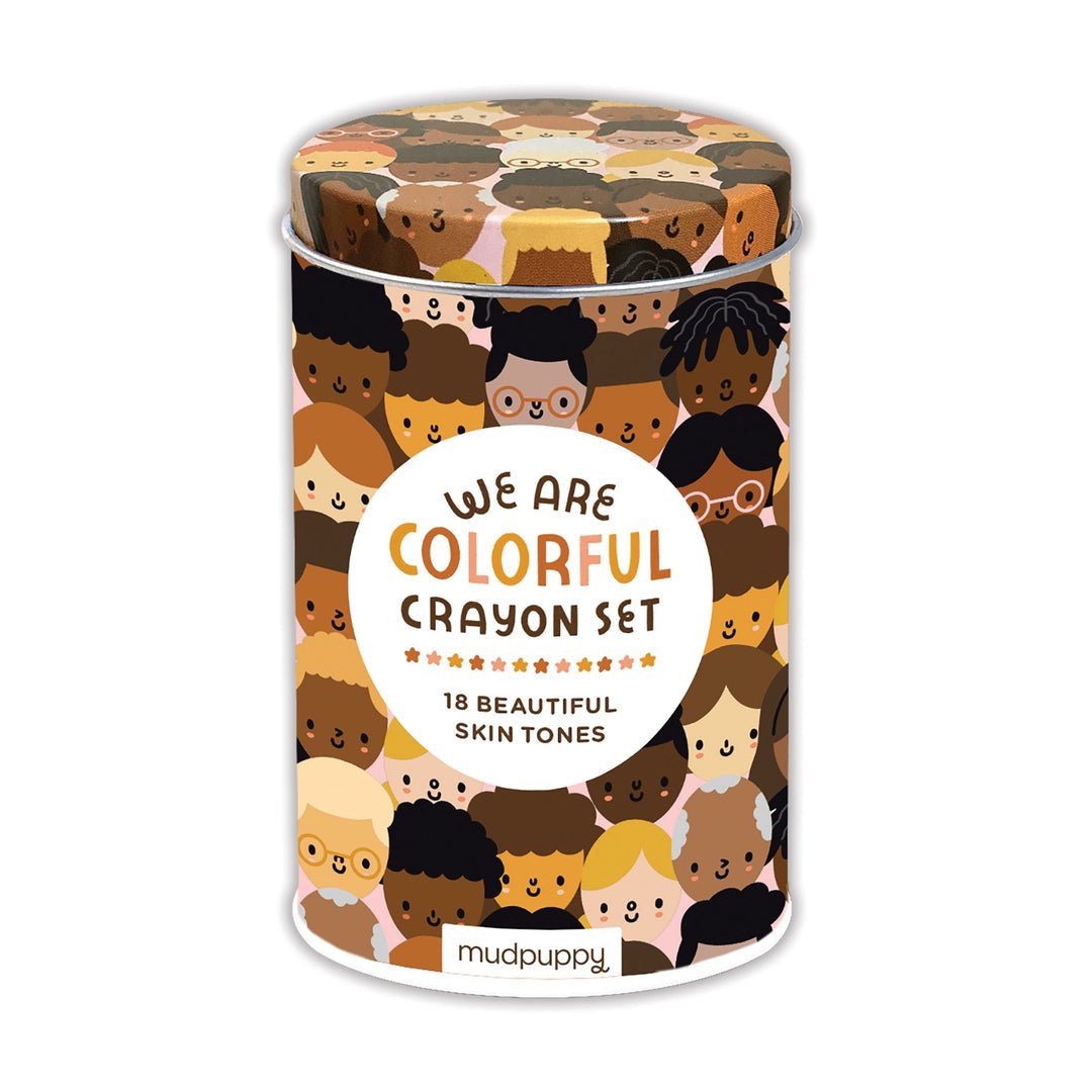 Crayon set container with diverse skin tone illustrations and 'Mudpuppy' branding.