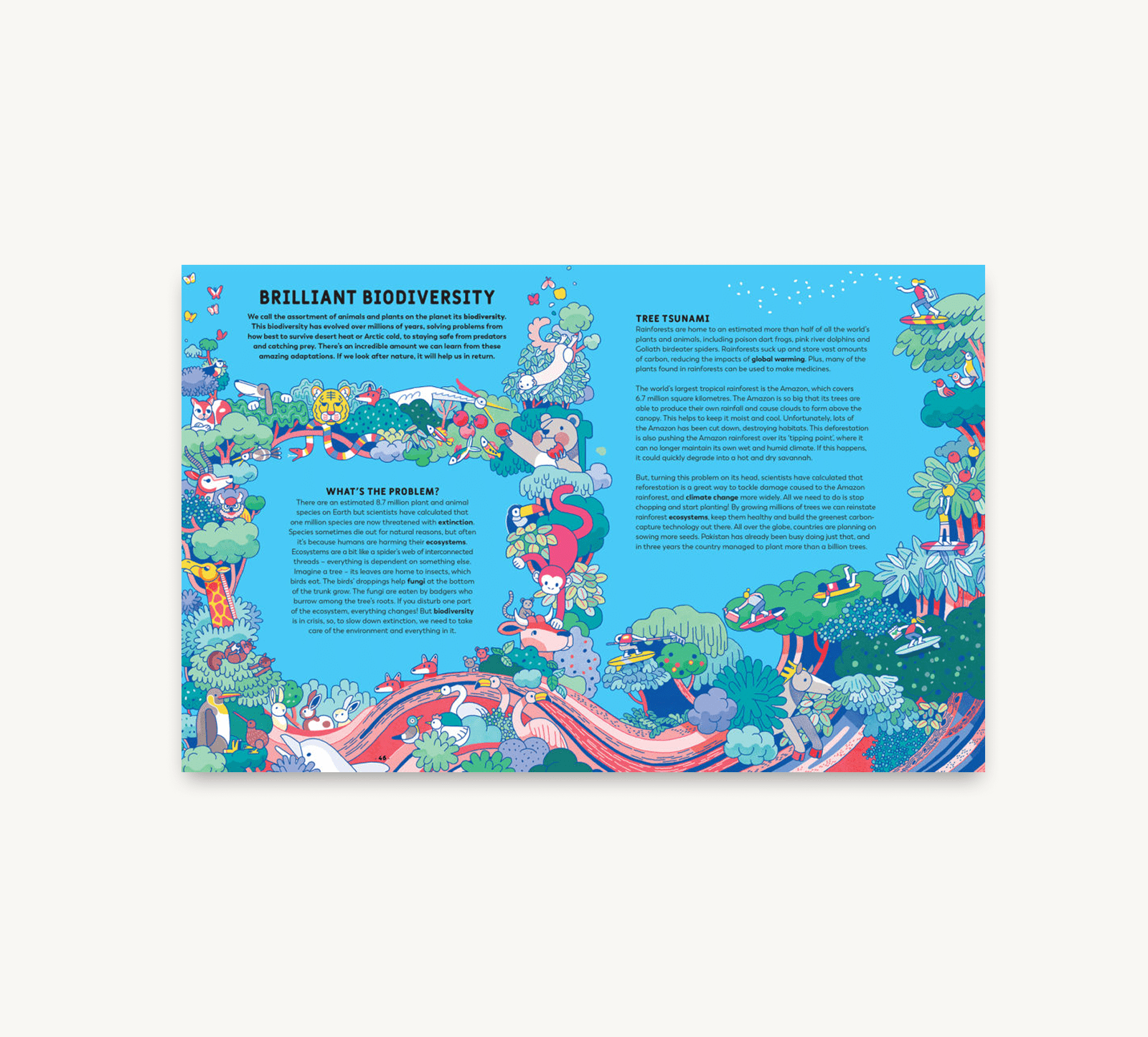 Illustrated book page with colorful animals and text on a blue background