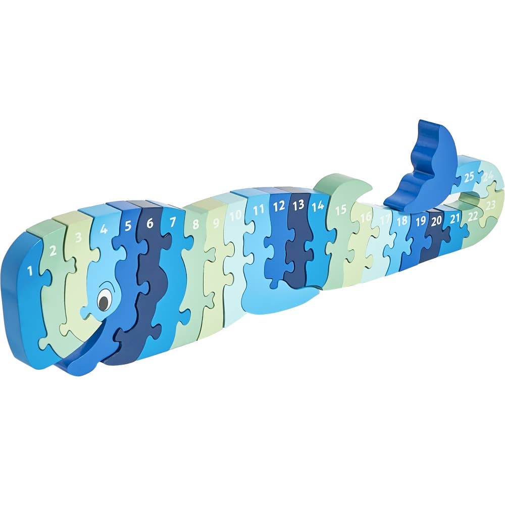 Whale-shaped puzzle with numbered pieces on a white background