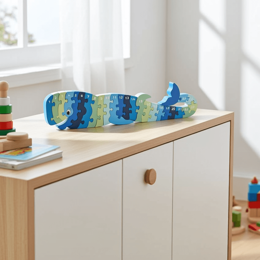 Colorful whale-shaped puzzle on a wooden shelf with toys in the background