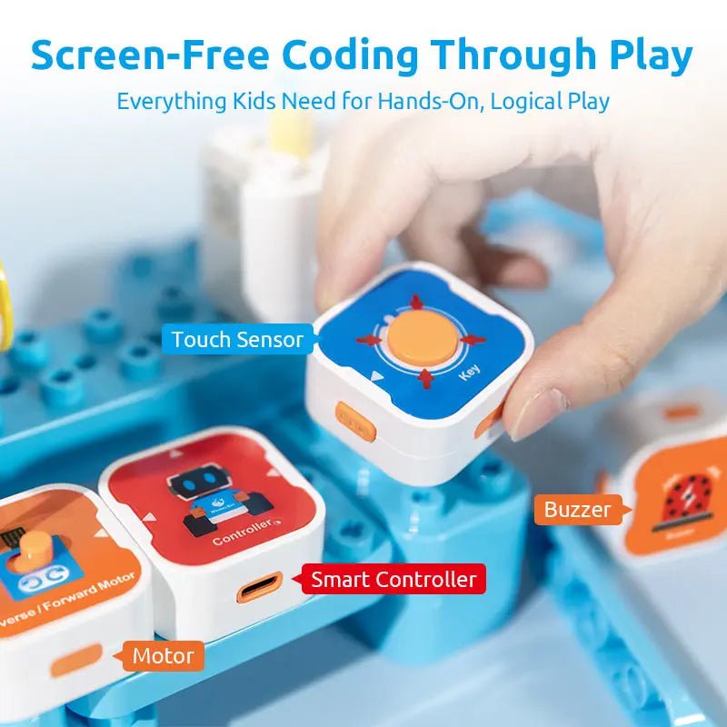 Educational coding toy set with components labeled 'Touch Sensor', 'Smart Controller', and 'Buzzer' on a blue base.