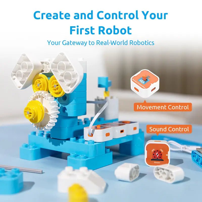 Robot building kit with components and control modules on a light blue background