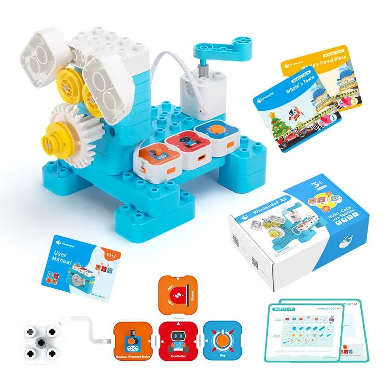 Toy building set with components and instructions on a white background