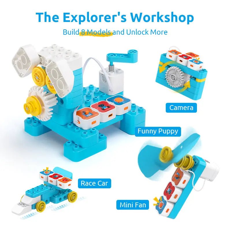 Toy building set with various models including a camera, funny puppy, race car, and mini fan on a white background.